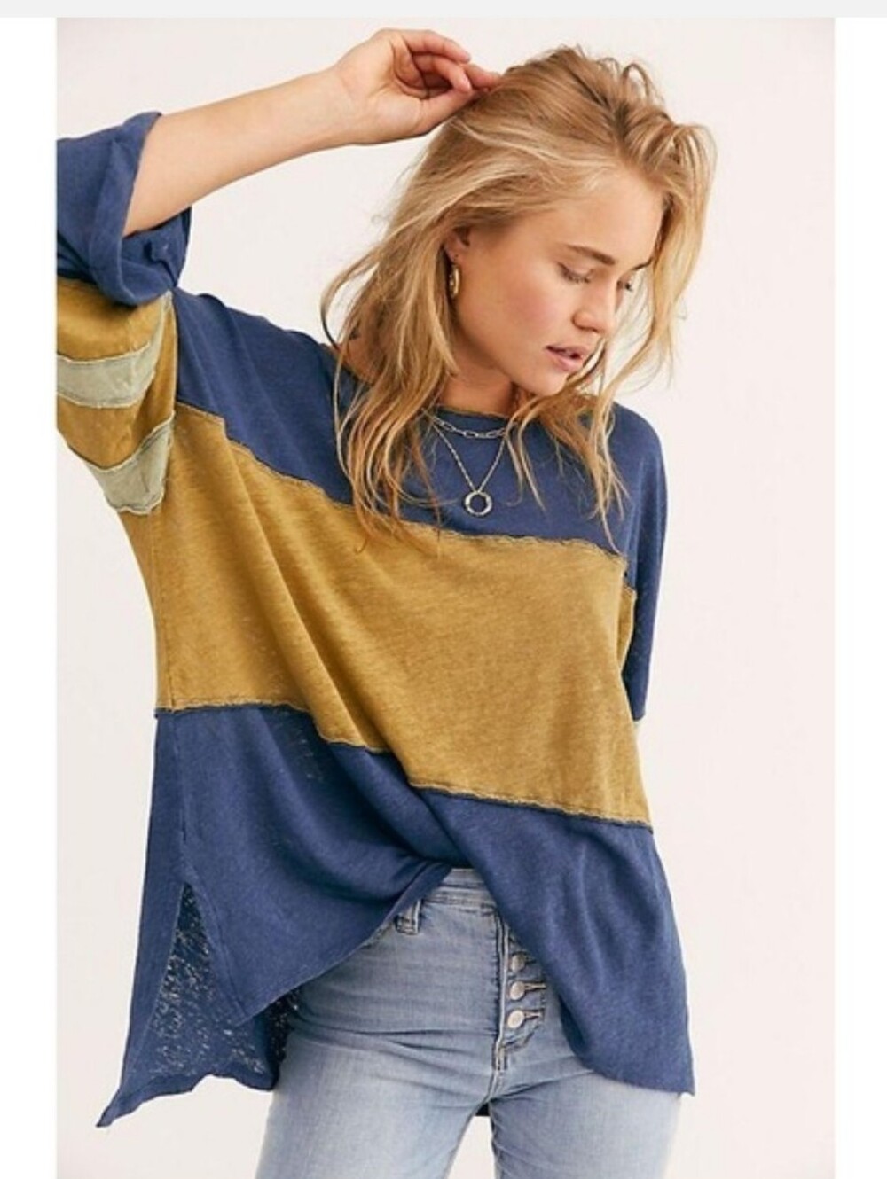 Free People Bobbi Tee Colorblock Chartruse & Blue XS Oversized